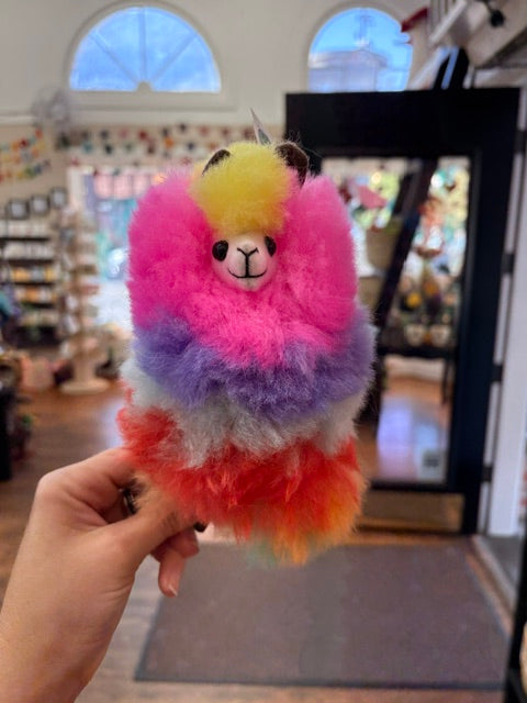 A rainbow-dyed alpaca figure held up inside the shop